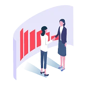 グラフを使用して一人の女性が別の女性に説明をしているイラスト